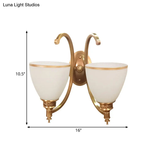 Colonial Style Metal Curved Wall Sconce With Opal Glass Shade - 1/2-Light Bedroom Gold Lighting