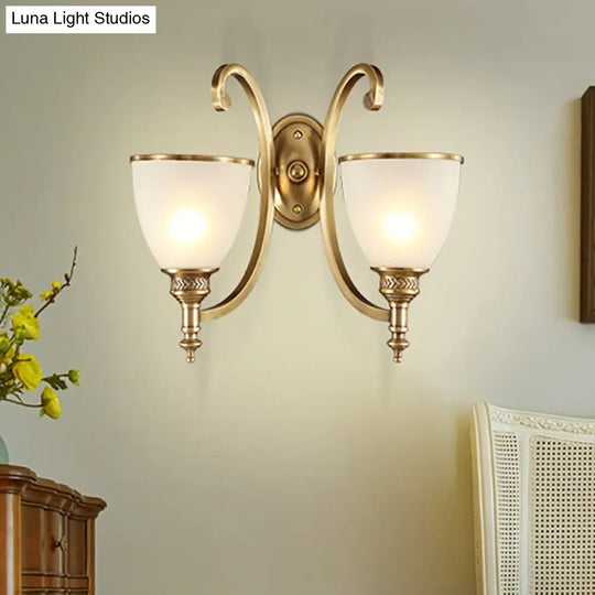 Colonial Style Metal Curved Wall Sconce With Opal Glass Shade - 1/2-Light Bedroom Gold Lighting