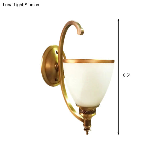 Colonial Style Metal Curved Wall Sconce With Opal Glass Shade - 1/2-Light Bedroom Gold Lighting