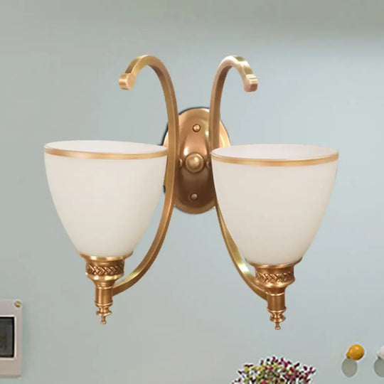 Colonial Style Metal Curved Wall Sconce With Opal Glass Shade - 1/2-Light Bedroom Gold Lighting