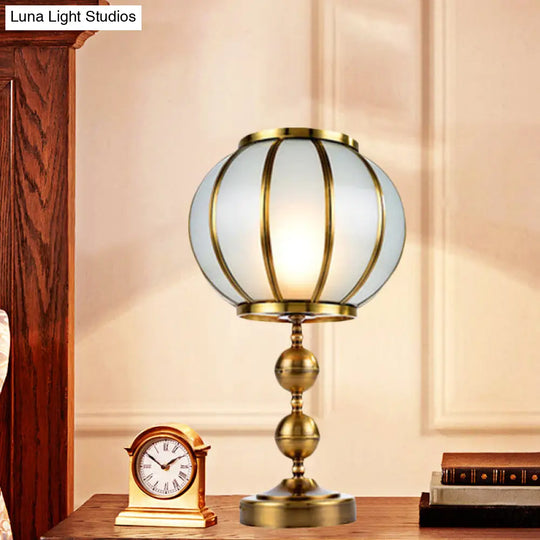 Colonial Style Opal Glass Lantern Nightstand Lamp - Gold Finish Metal Ball Deco 1-Light Bedroom