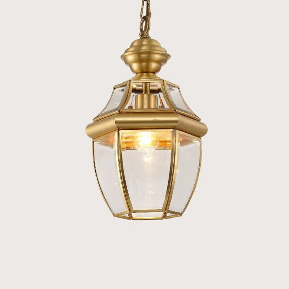 Colonial Style Oval Lantern Pendant Lamp With Clear Glass - Brass Finish Ideal For Corridors And