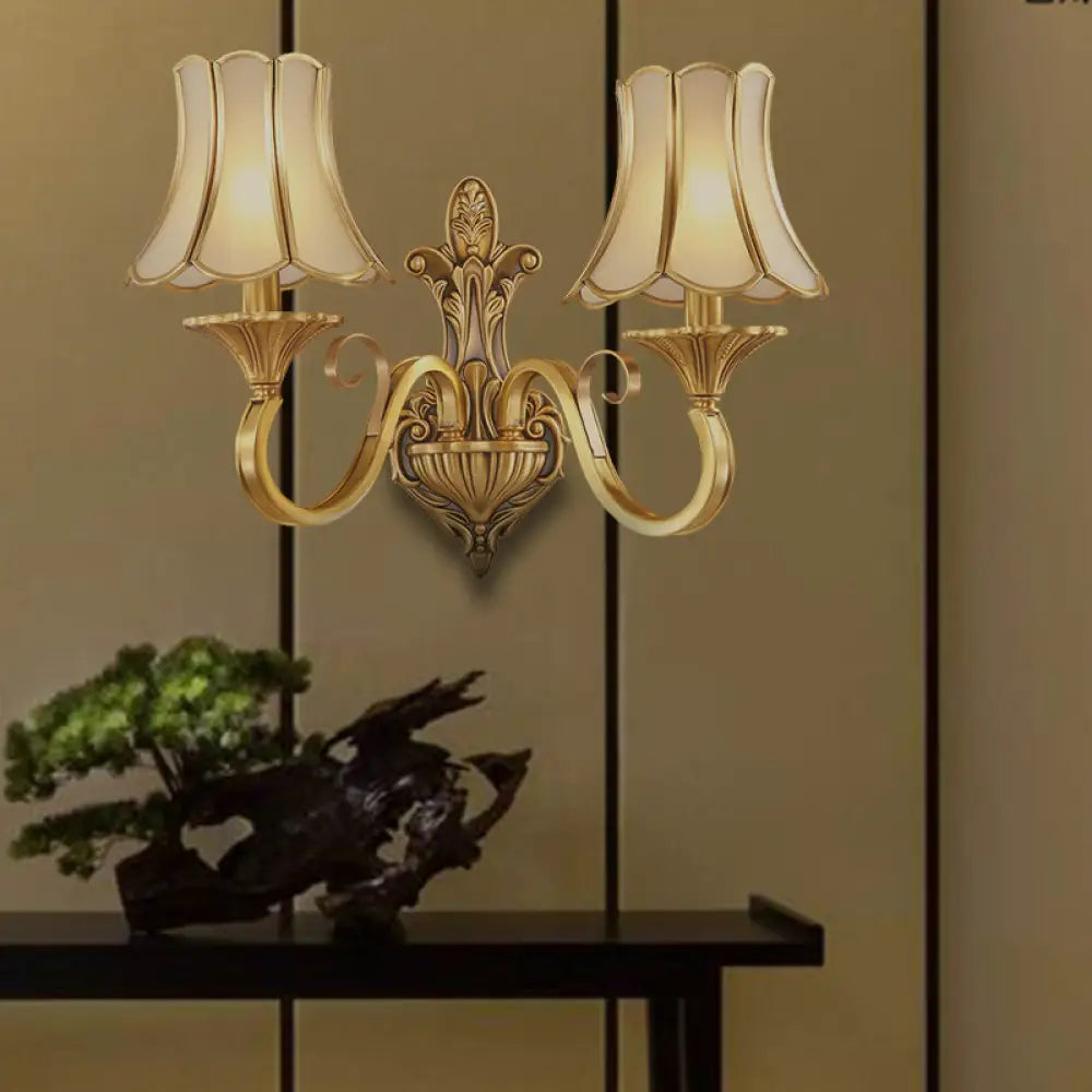 Colonial Style Wall Mount Brass Gold Sconce With Scrolled Arm And Bulbs 2 /