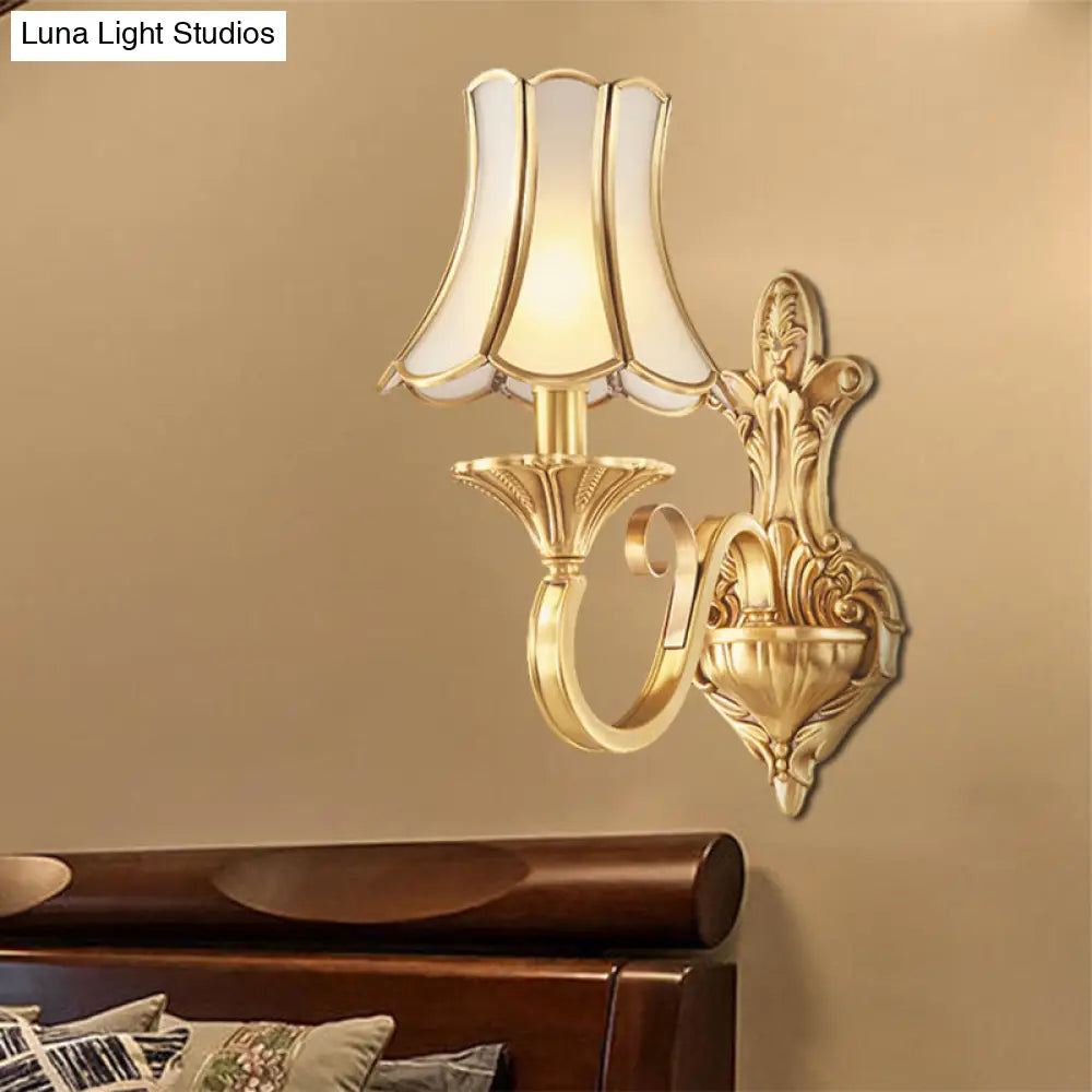 Colonial Style Wall Mount Brass Gold Sconce With Scrolled Arm And Bulbs