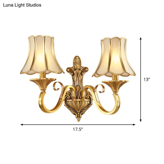 Colonial Style Wall Mount Brass Gold Sconce With Scrolled Arm And Bulbs