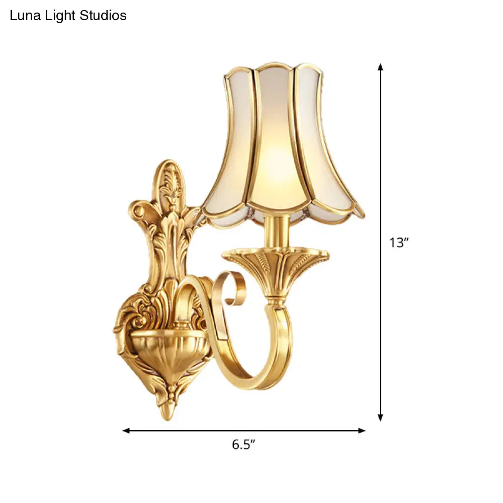 Colonial Style Wall Mount Brass Gold Sconce With Scrolled Arm And Bulbs