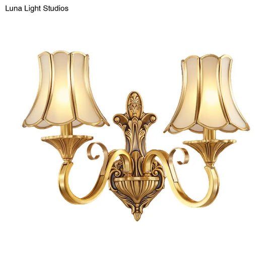 Colonial Style Wall Mount Brass Gold Sconce With Scrolled Arm And Bulbs