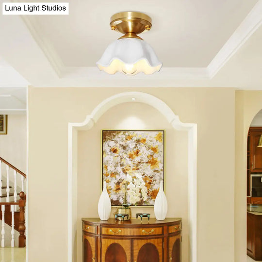Colonial Style White Glass Ceiling Lamp With Scalloped Fixture For Living Room