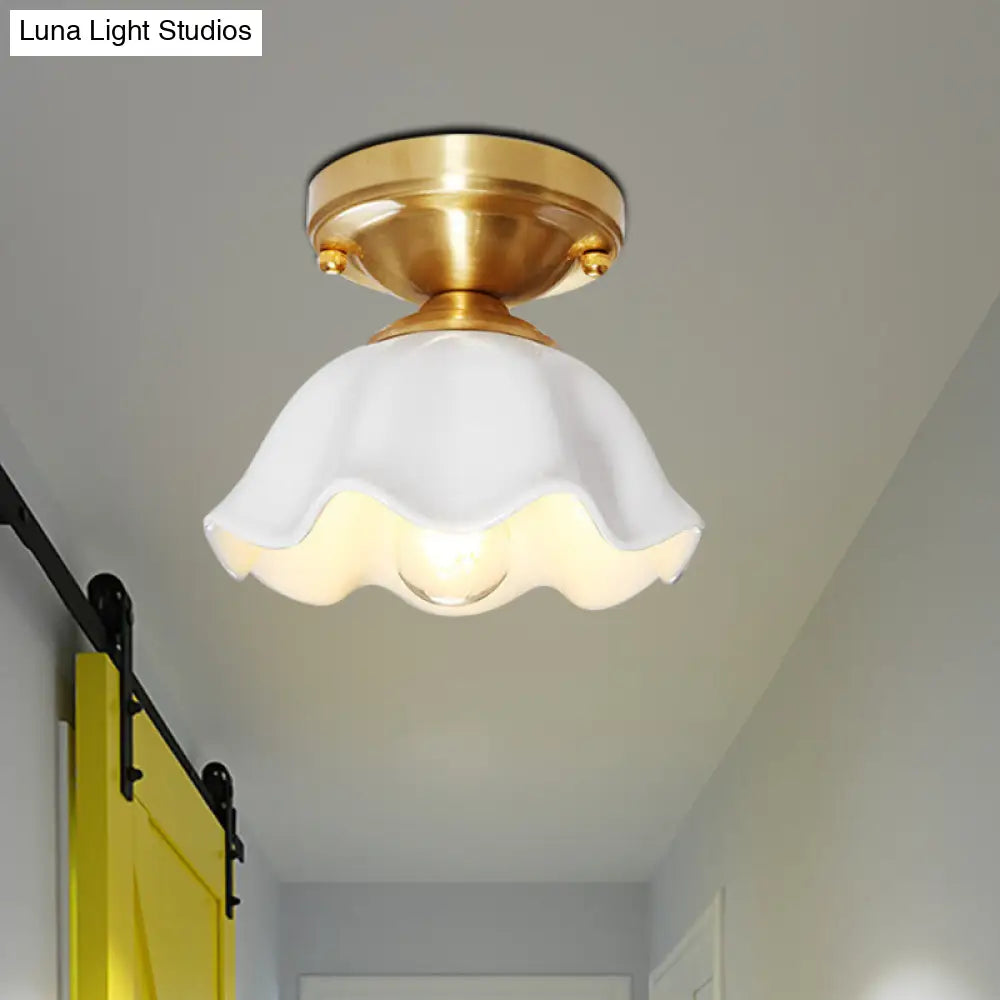 Colonial Style White Glass Ceiling Lamp With Scalloped Fixture For Living Room Brass