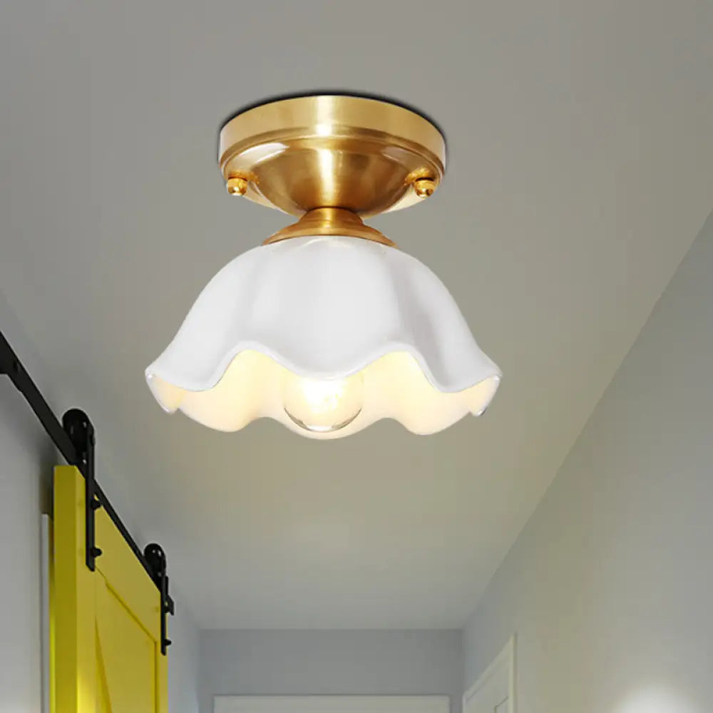 Colonial Style White Glass Ceiling Lamp With Scalloped Fixture For Living Room Brass