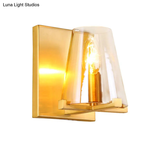 Colonial Wall Sconce: Clear Glass Cone-Shaped Light Fixture With Brass Mount For Kitchen