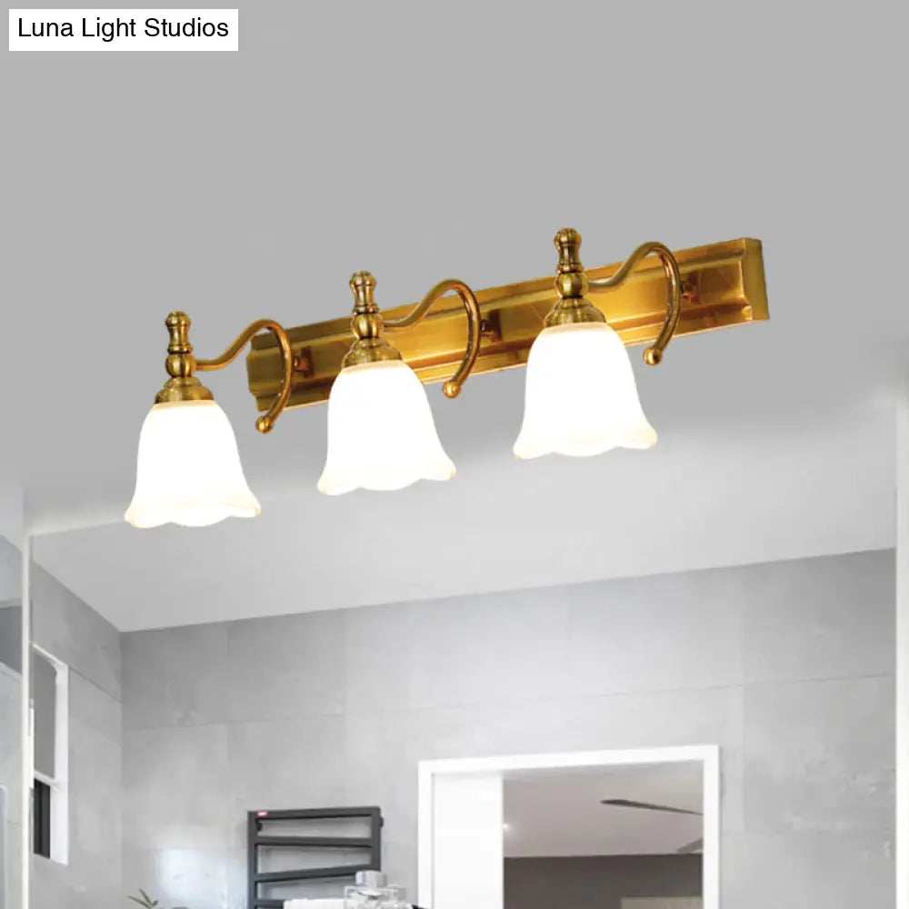 Colonial Wall Vanity Light With Flower Opal Glass Shade In Gold - 2/3 Heads