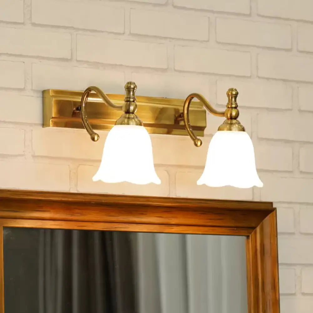 Colonial Wall Vanity Light With Flower Opal Glass Shade In Gold - 2/3 Heads 2 /