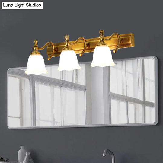 Colonial Wall Vanity Light With Flower Opal Glass Shade In Gold - 2/3 Heads