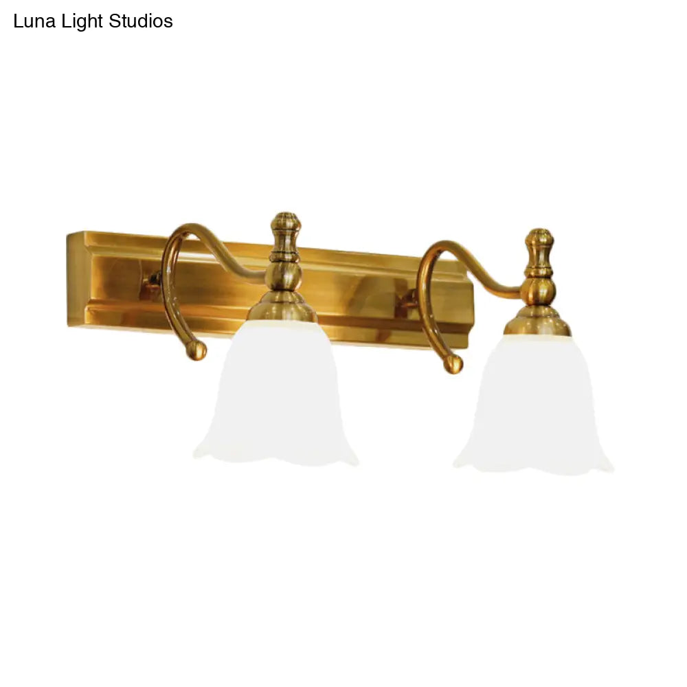 Colonial Wall Vanity Light With Flower Opal Glass Shade In Gold - 2/3 Heads