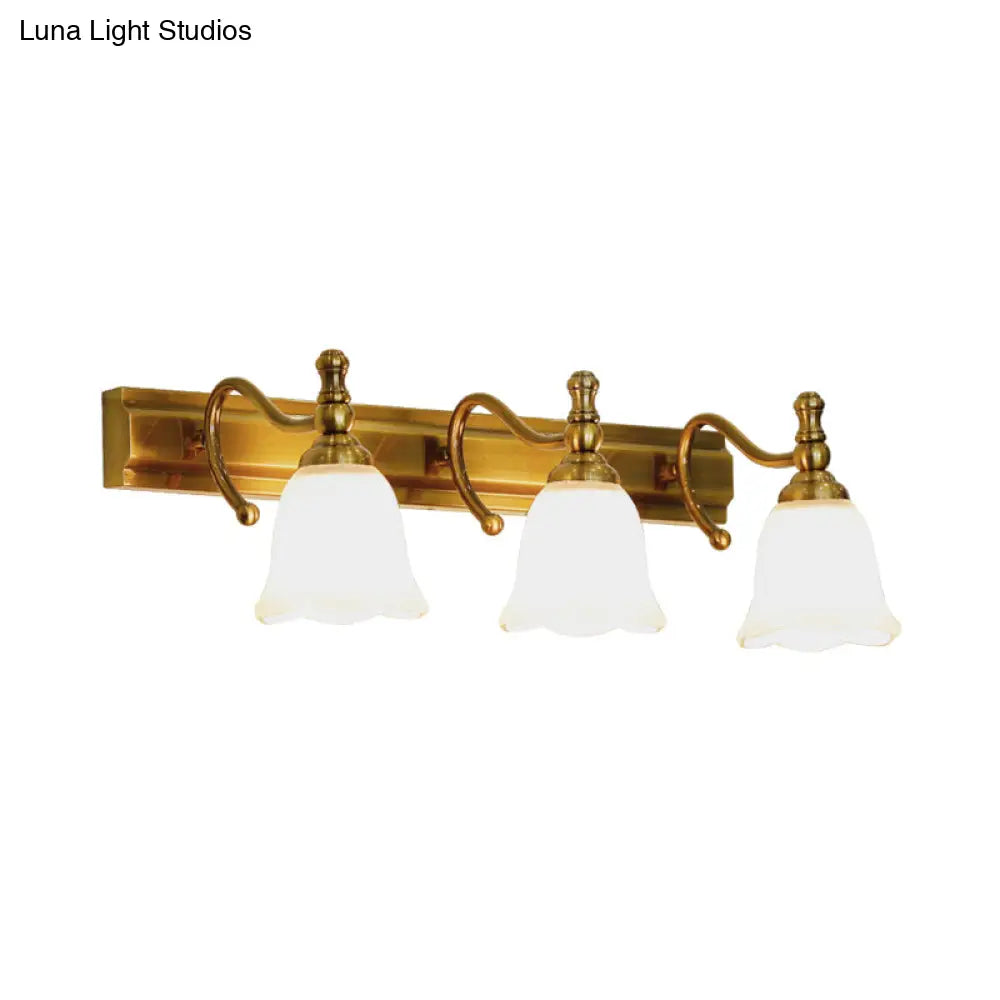 Colonial Wall Vanity Light With Flower Opal Glass Shade In Gold - 2/3 Heads