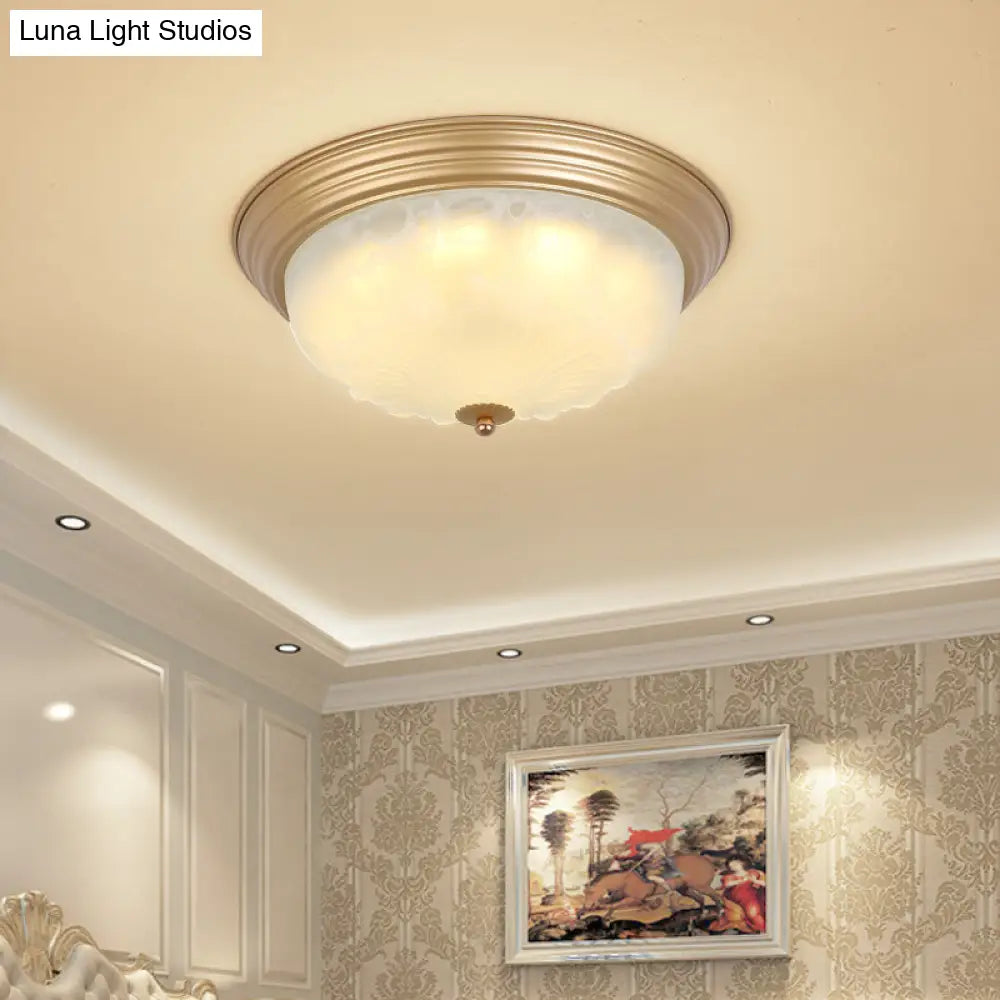 Colonial White Glass Bowl Flush Mount Ceiling Light With Gold Finish - 2/3 Heads 16’/19.5’ Width