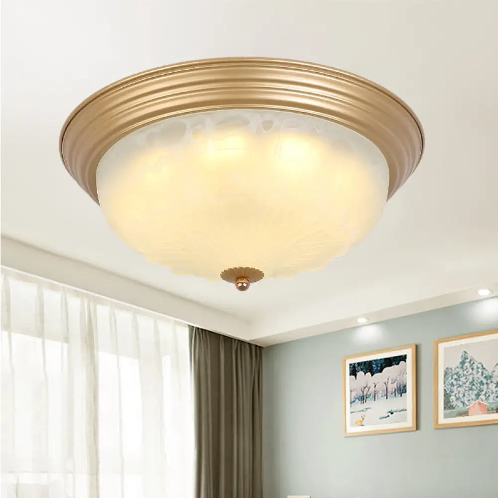 Colonial White Glass Bowl Flush Mount Ceiling Light With Gold Finish - 2/3 Heads 16’/19.5’
