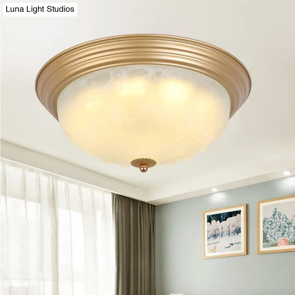 Colonial White Glass Bowl Flush Mount Ceiling Light With Gold Finish - 2/3 Heads 16/19.5 Width / 16