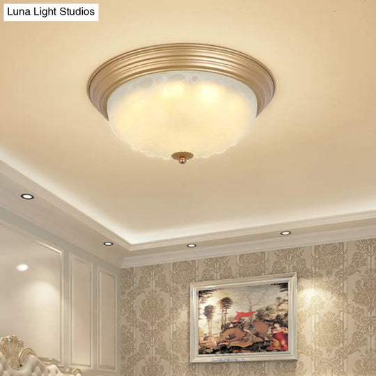 Colonial White Glass Bowl Flush Mount Ceiling Light With Gold Finish - 2/3 Heads 16/19.5 Width