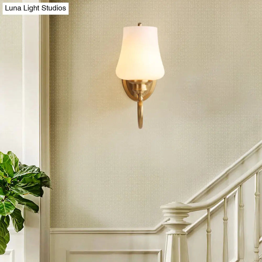 Colonial White Glass Conical Wall Mounted Light With Brass Finish For Living Room Décor