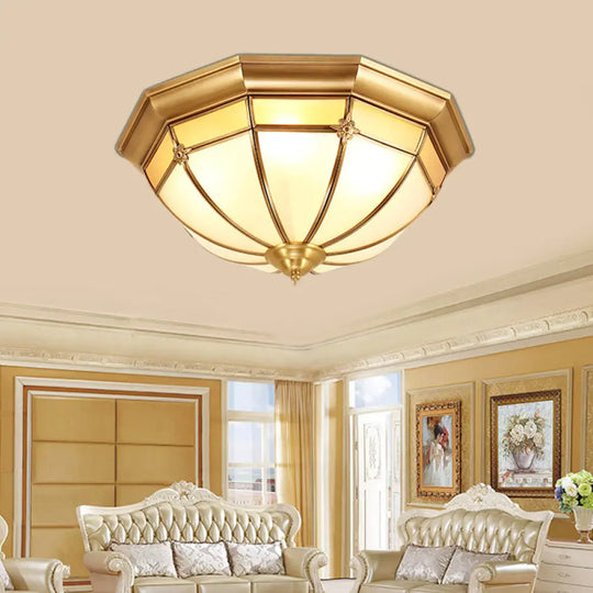 Colonial White Glass Dome Ceiling Light Fixture For Bedroom - Brass Flush Mount 3/4/6 Heads