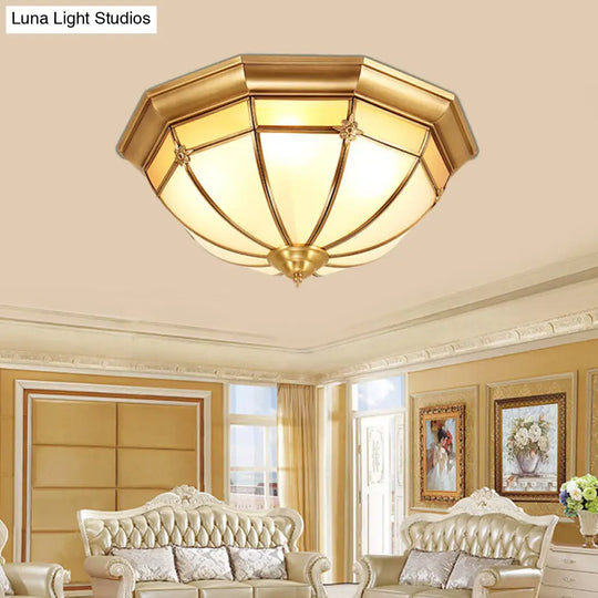 Colonial White Glass Dome Ceiling Light Fixture For Bedroom - Brass Flush Mount 3/4/6 Heads