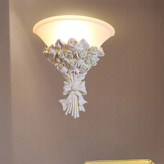 Colonial White Glass Sconce With Flower Resin Decoration For Living Room Wall Lighting