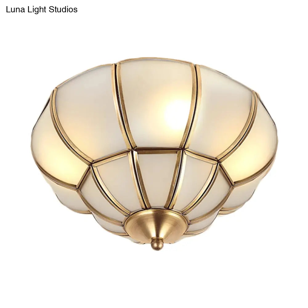 Colonialism Scallop Ceiling Light - 11’/18’ W 3 Bulbs Satin Opal Glass Brass Finish