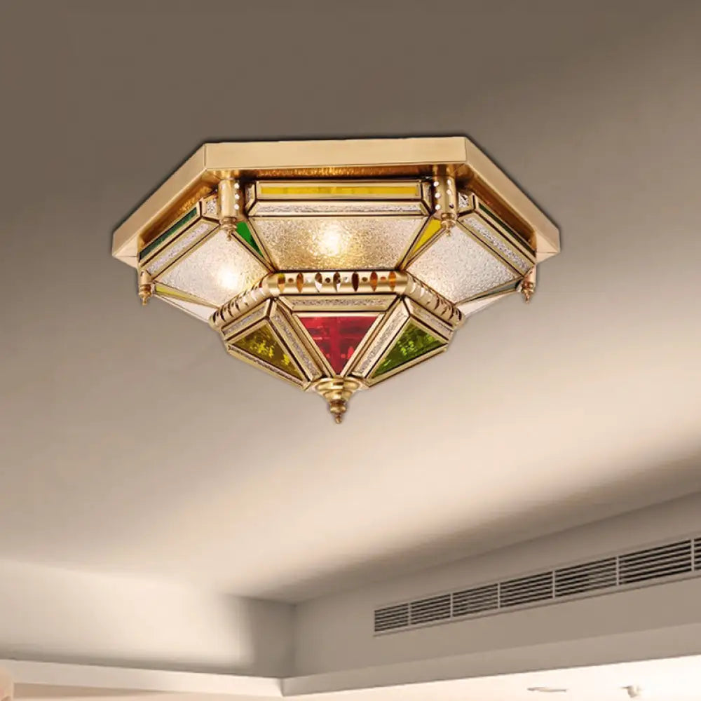 Colonialist 6 - Head Seeded Glass Flush Mount Lamp With Brass Ceiling Fixture For Living Room