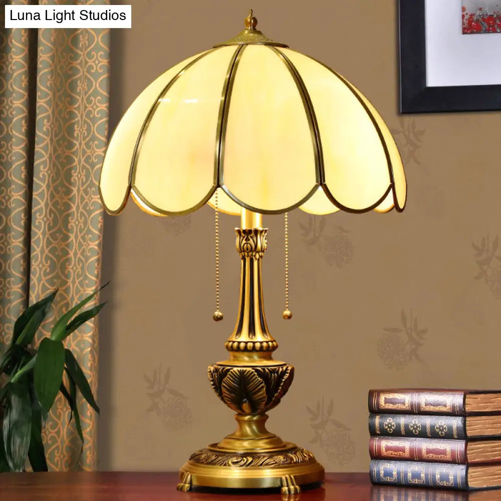 Colonialist Beige Glass 1-Bulb Nightstand Lamp - Gold Scalloped Metal Table Light With Pull Chain