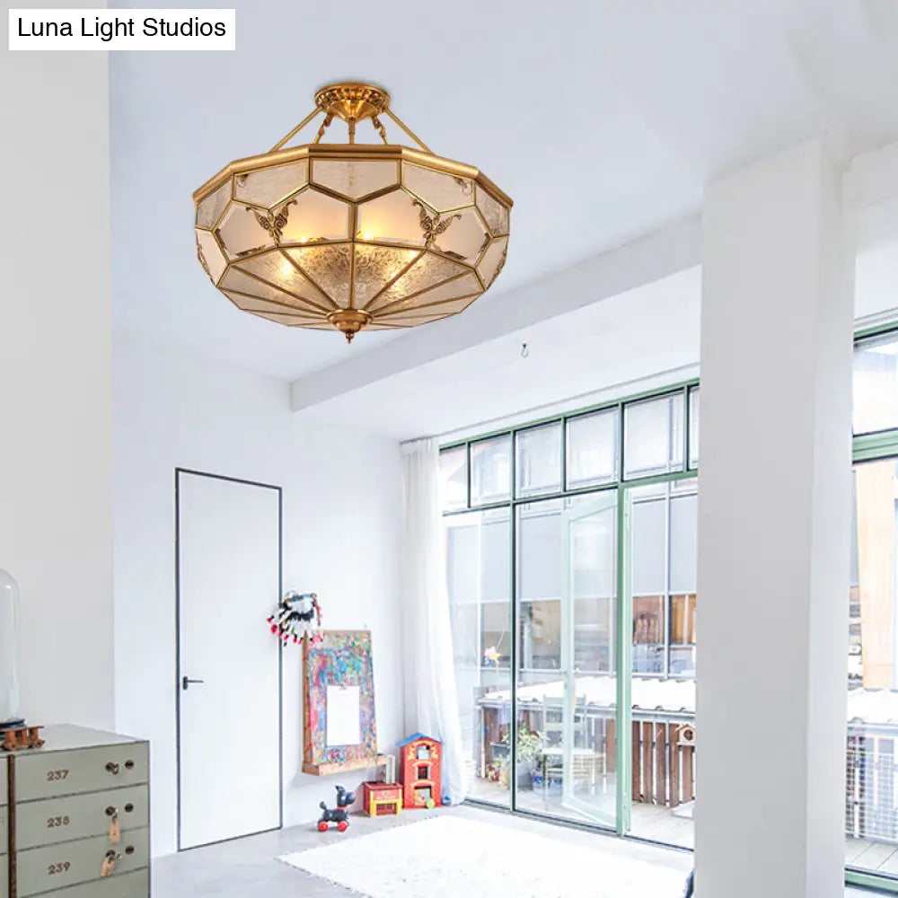 Colonialist Brass Semi Flush Chandelier With Frosted Glass - 3/4 Light Ceiling For Living Room