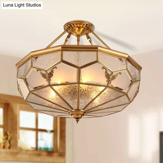 Colonialist Brass Semi Flush Chandelier With Frosted Glass - 3/4 Light Ceiling For Living Room