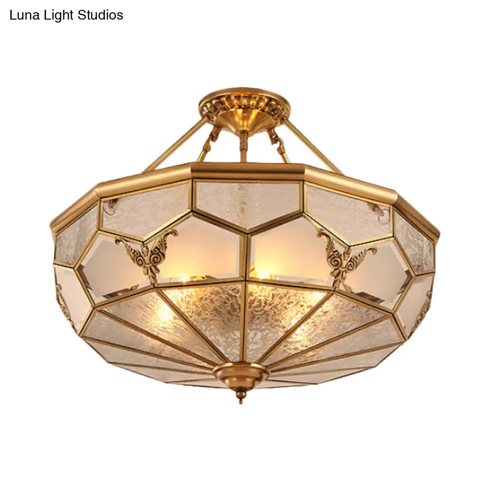 Colonialist Brass Semi Flush Chandelier With Frosted Glass - 3/4 Light Ceiling For Living Room 14/18