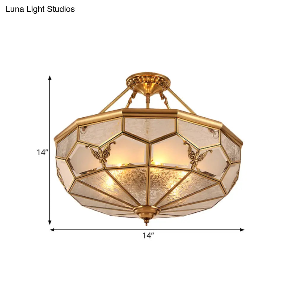 Colonialist Brass Semi Flush Chandelier With Frosted Glass - 3/4 Light Ceiling For Living Room 14/18