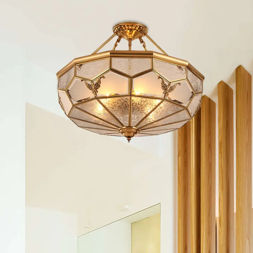 Colonialist Brass Semi Flush Chandelier With Frosted Glass - 3/4 Light Ceiling For Living Room