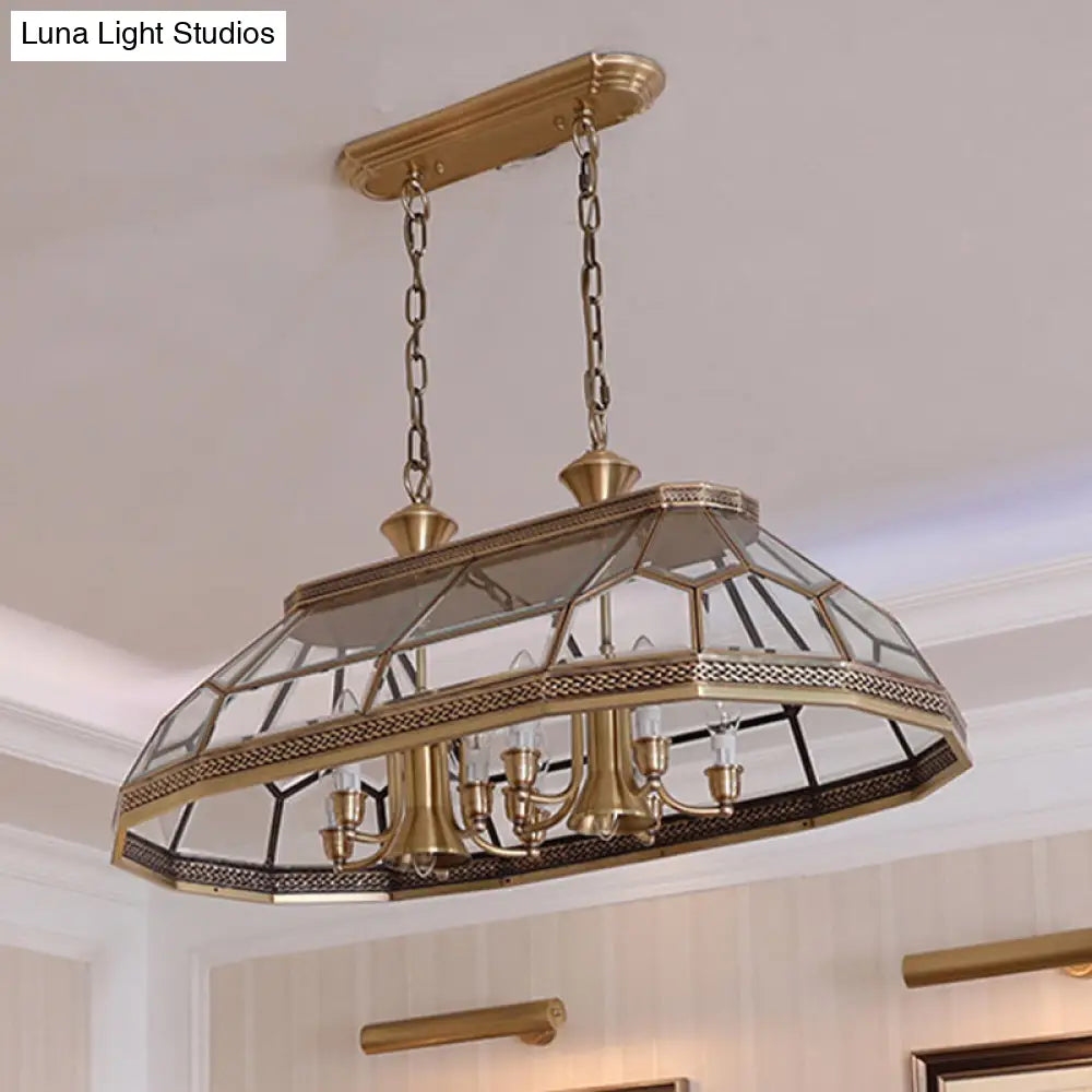 Colonialist Clear Glass Faceted Living Room Island Light With 12 Brass Hanging Lamp Heads