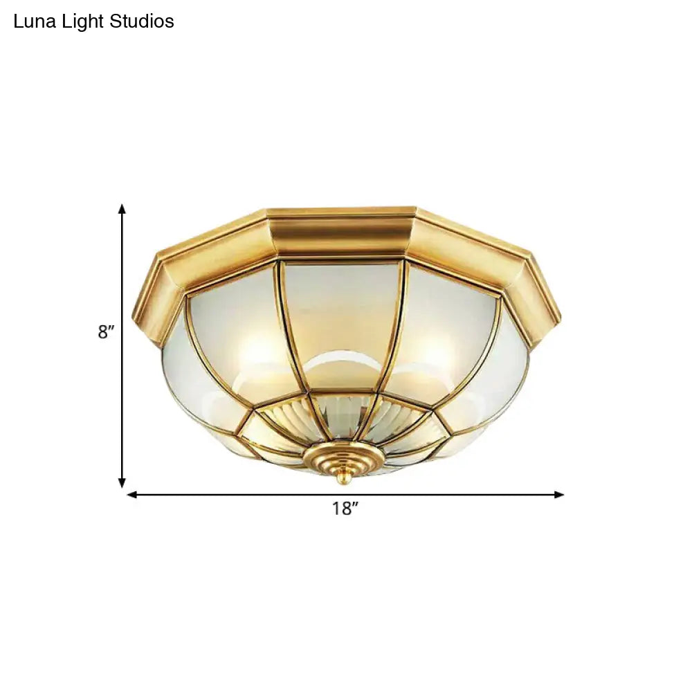 Colonialist Flush Mount Lamp For Bedroom - Frosted Glass Brass Ceiling Dome (3/4/6 Heads) 14/18/23.5