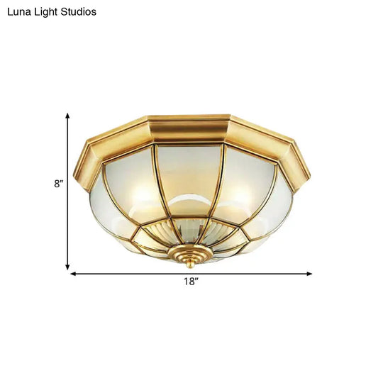 Colonialist Flush Mount Lamp For Bedroom - Frosted Glass Brass Ceiling Dome (3/4/6 Heads) 14/18/23.5