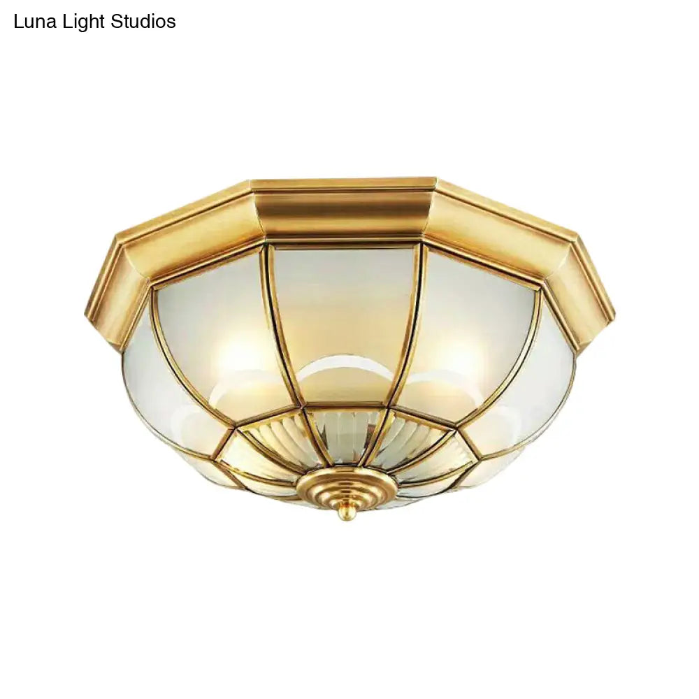 Colonialist Flush Mount Lamp For Bedroom - Frosted Glass Brass Ceiling Dome (3/4/6 Heads) 14/18/23.5