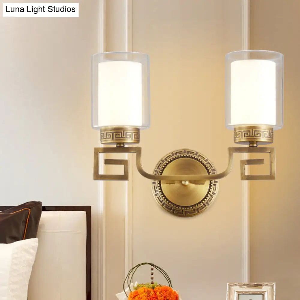 Colonialist Gold Sconce Lamp With Clear & Opal Glass - Wall Mounted Light Fixture For 2 Lights