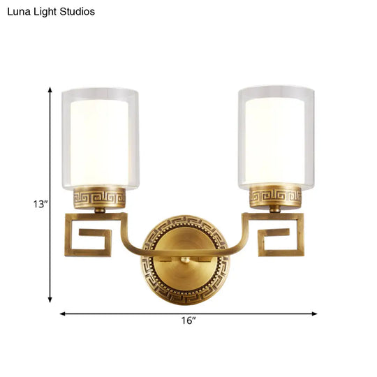 Colonialist Gold Sconce Lamp With Clear & Opal Glass - Wall Mounted Light Fixture For 2 Lights