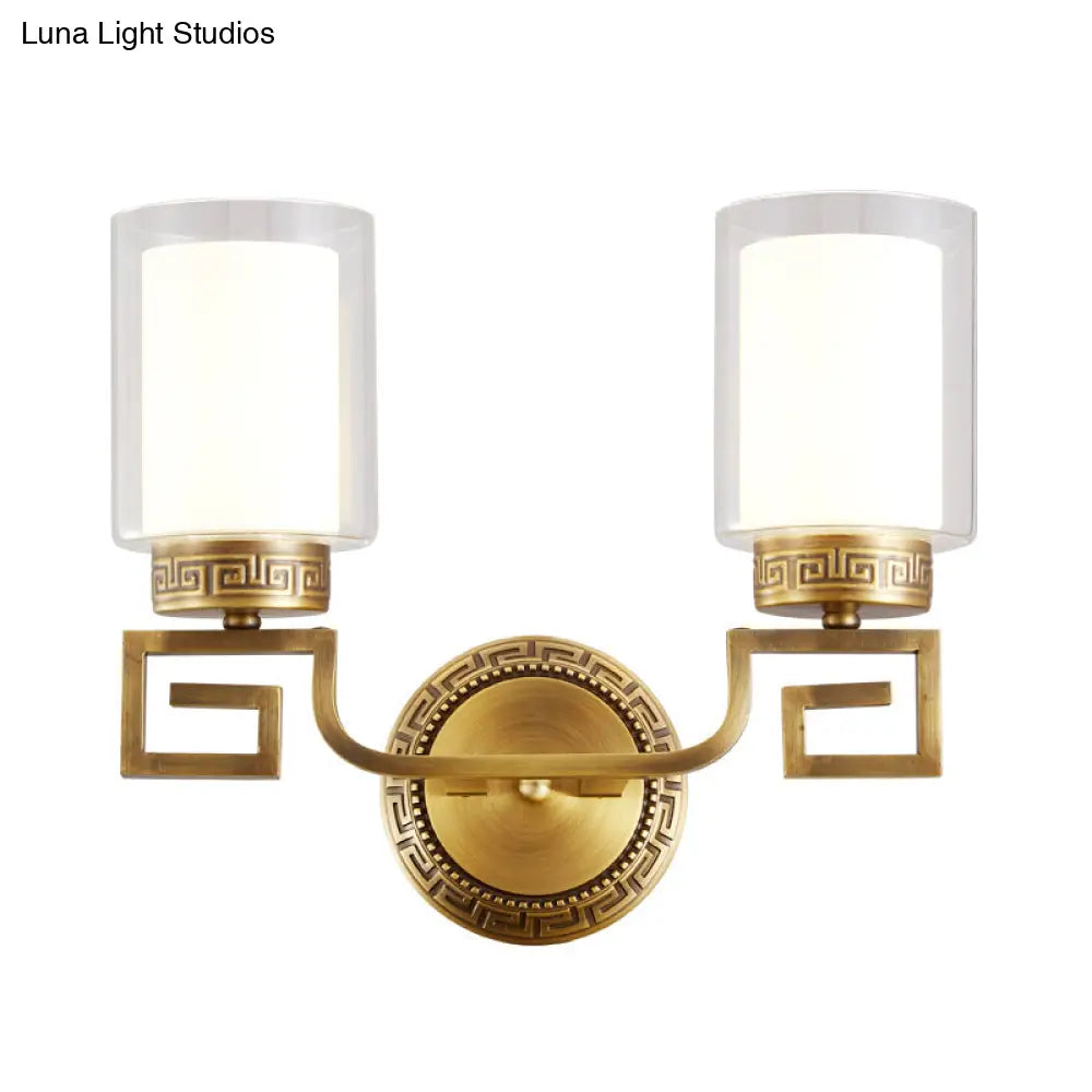 Colonialist Gold Sconce Lamp With Clear & Opal Glass - Wall Mounted Light Fixture For 2 Lights