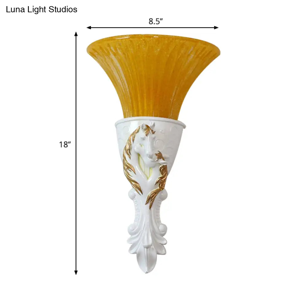 Colonization Metal Carved Sconce Lamp - White/Gold Wall Lighting Fixture With Amber Glass Shade