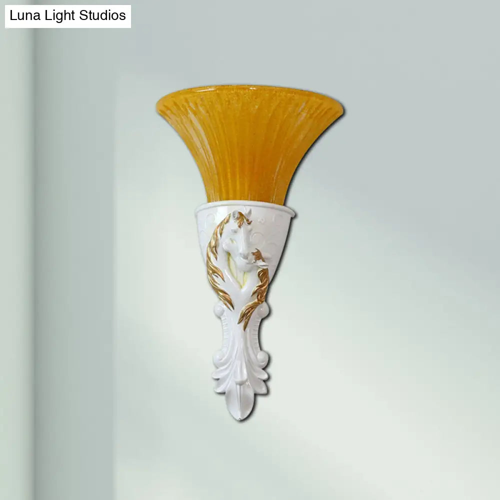 Colonization Metal Carved Sconce Lamp - White/Gold Wall Lighting Fixture With Amber Glass Shade