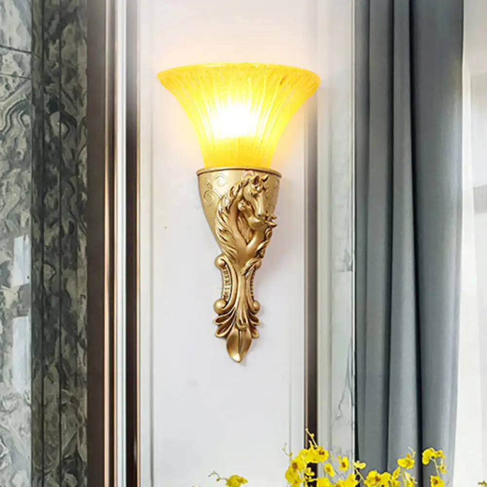 Colonization Metal Carved Sconce Lamp - White/Gold Wall Lighting Fixture With Amber Glass Shade Gold