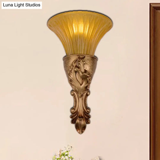 Colonization Metal Carved Sconce Lamp - White/Gold Wall Lighting Fixture With Amber Glass Shade