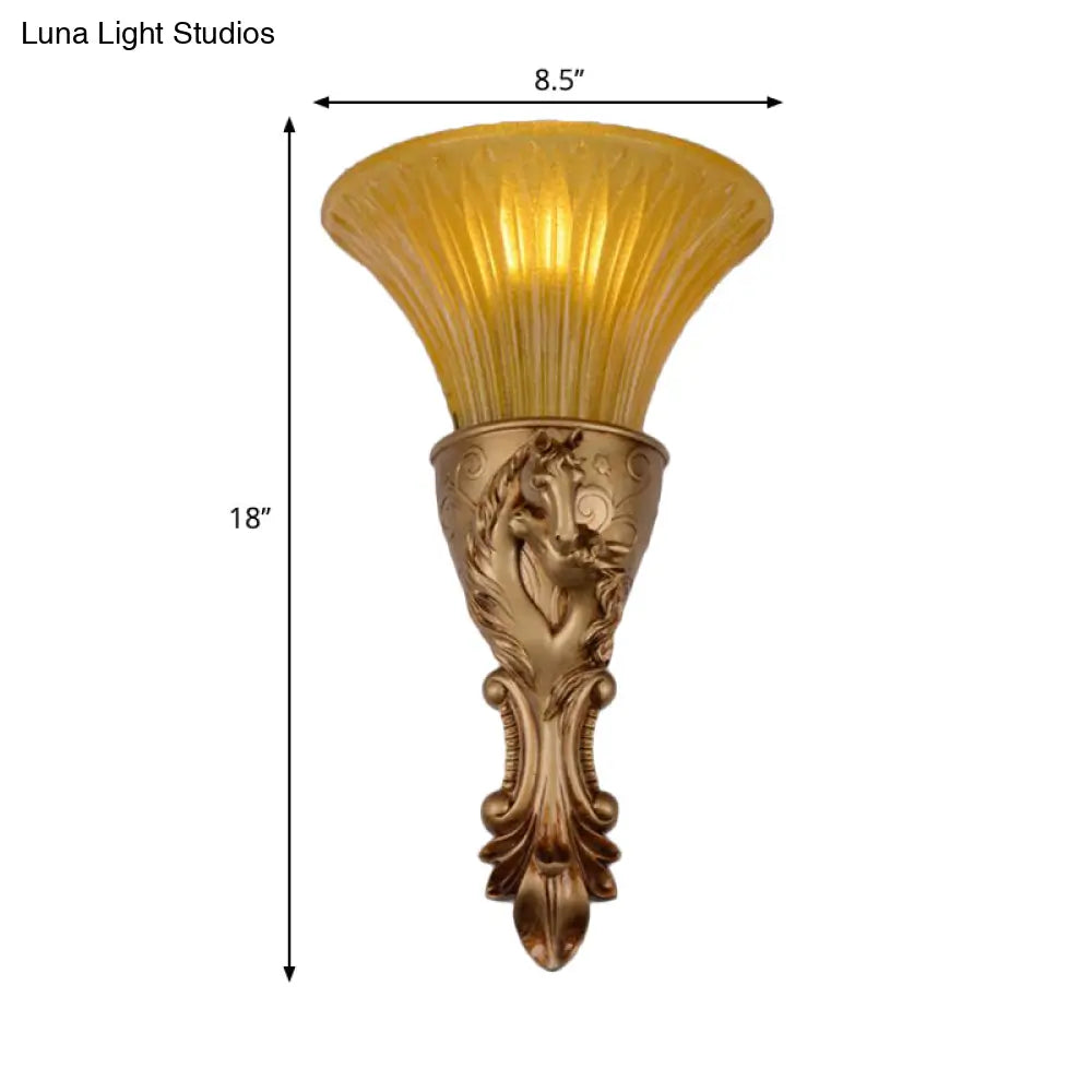 Colonization Metal Carved Sconce Lamp - White/Gold Wall Lighting Fixture With Amber Glass Shade