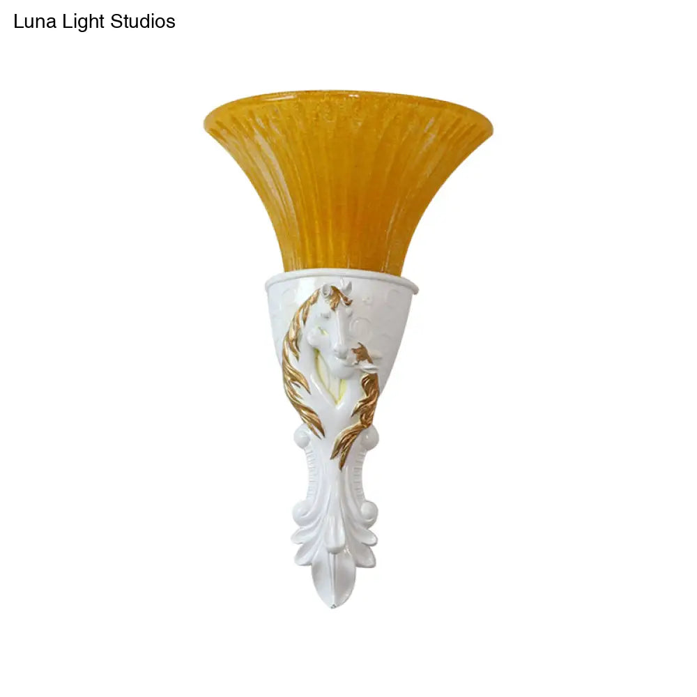 Colonization Metal Carved Sconce Lamp - White/Gold Wall Lighting Fixture With Amber Glass Shade