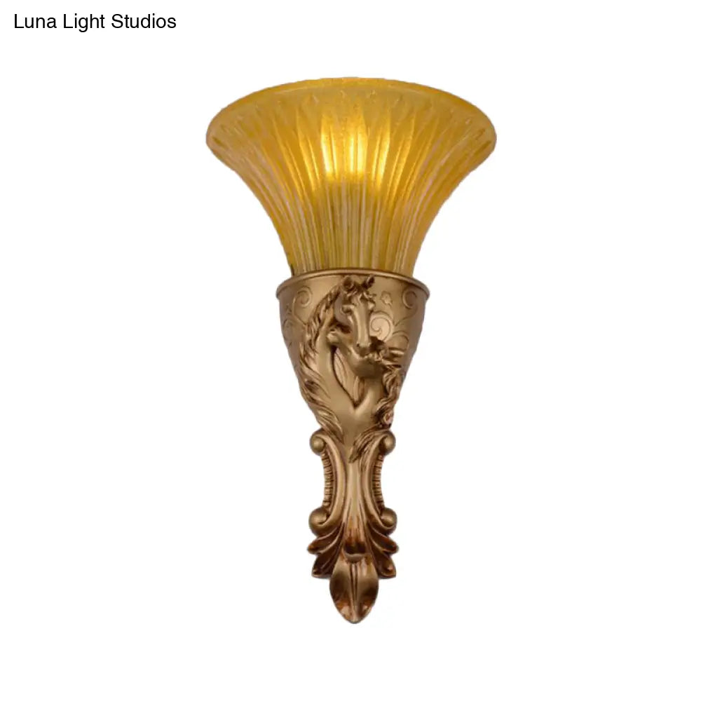 Colonization Metal Carved Sconce Lamp - White/Gold Wall Lighting Fixture With Amber Glass Shade